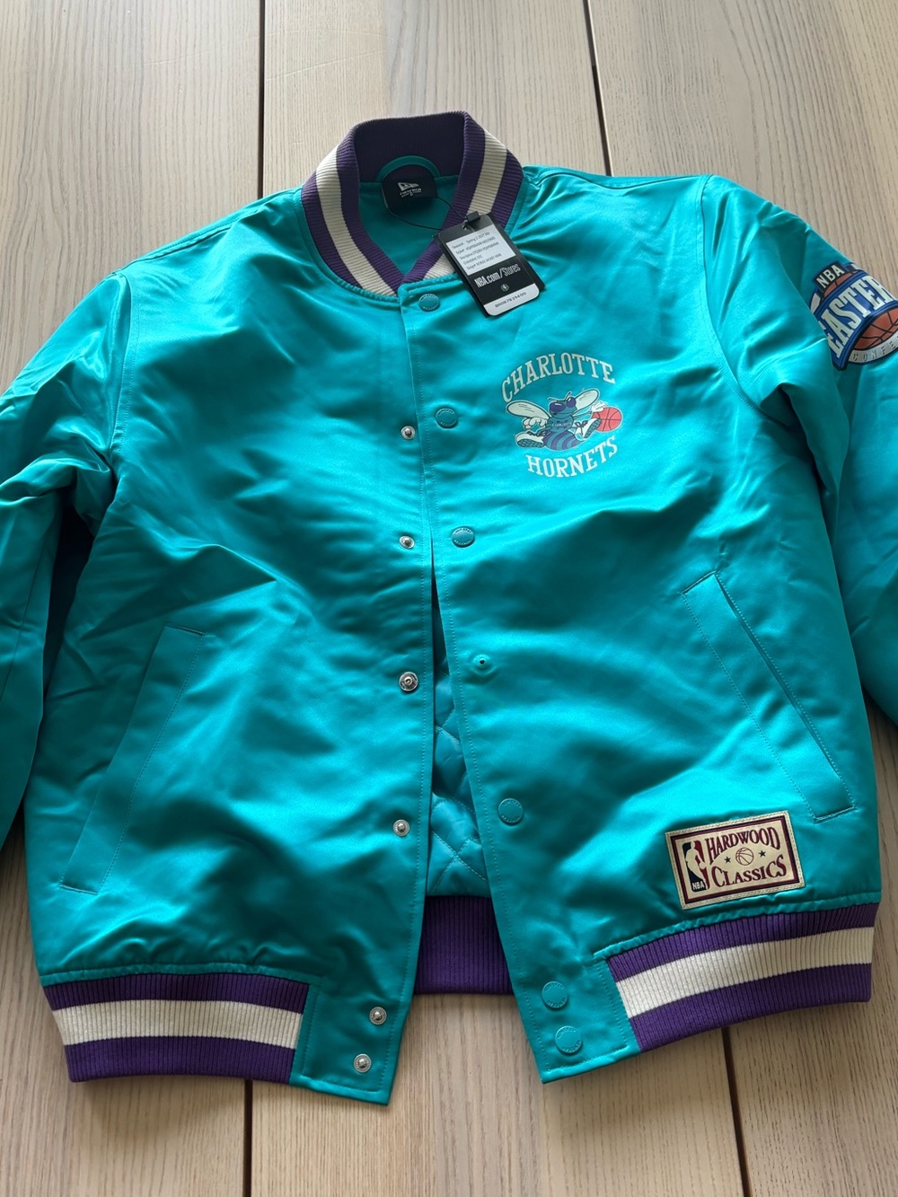 New Era Charlotte Hornets Teal and Purple Satin Bomber Jacket